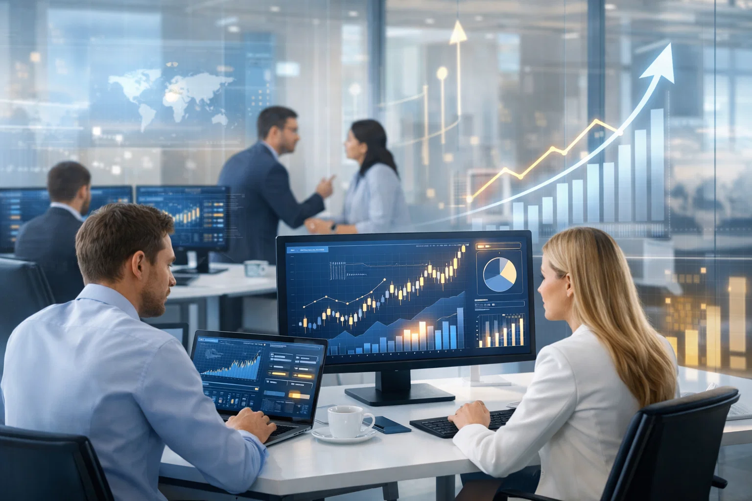 CFD forex organic growth dashboard team analyzing performance charts.
