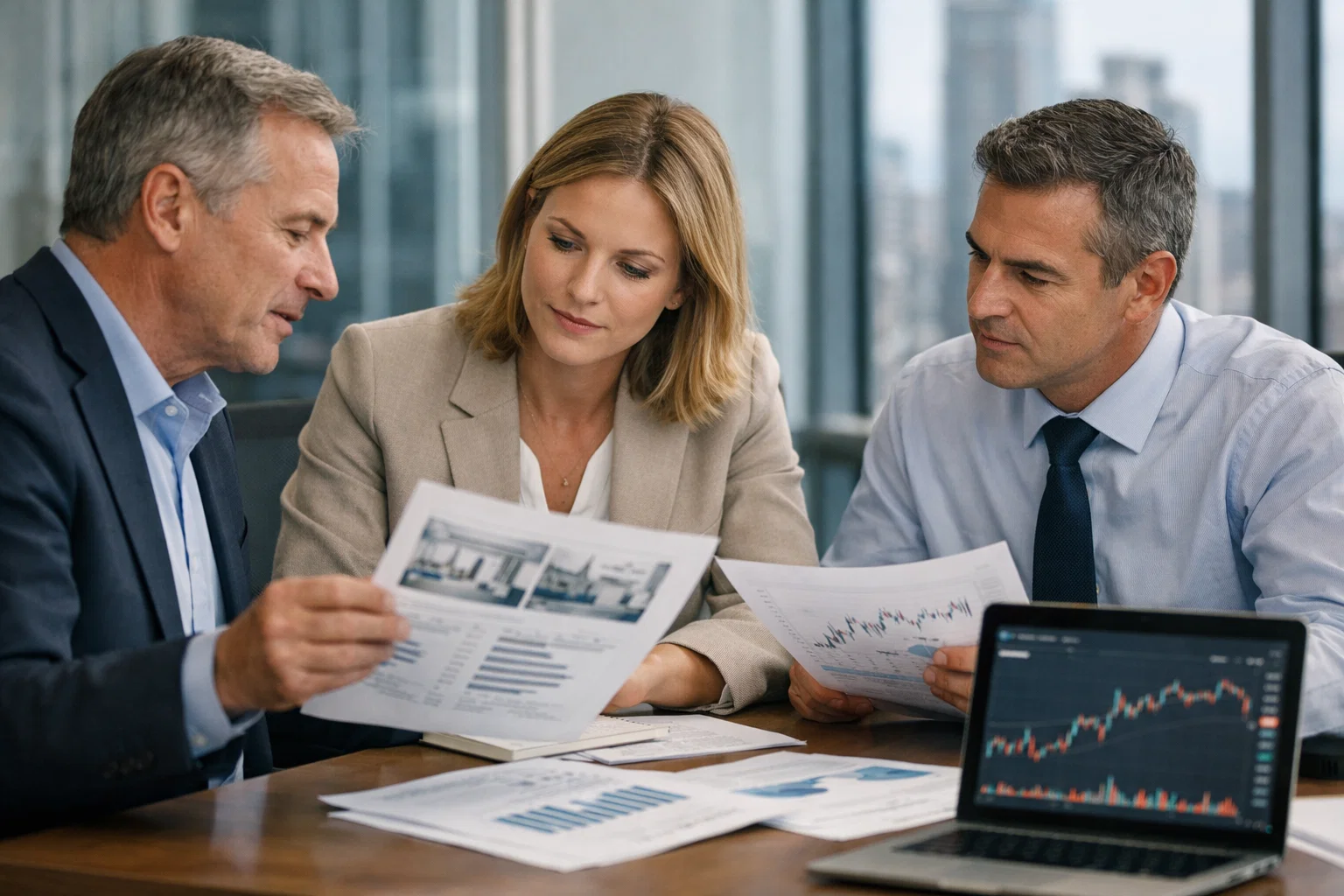 Group of executives examining company performance and growth strategies.