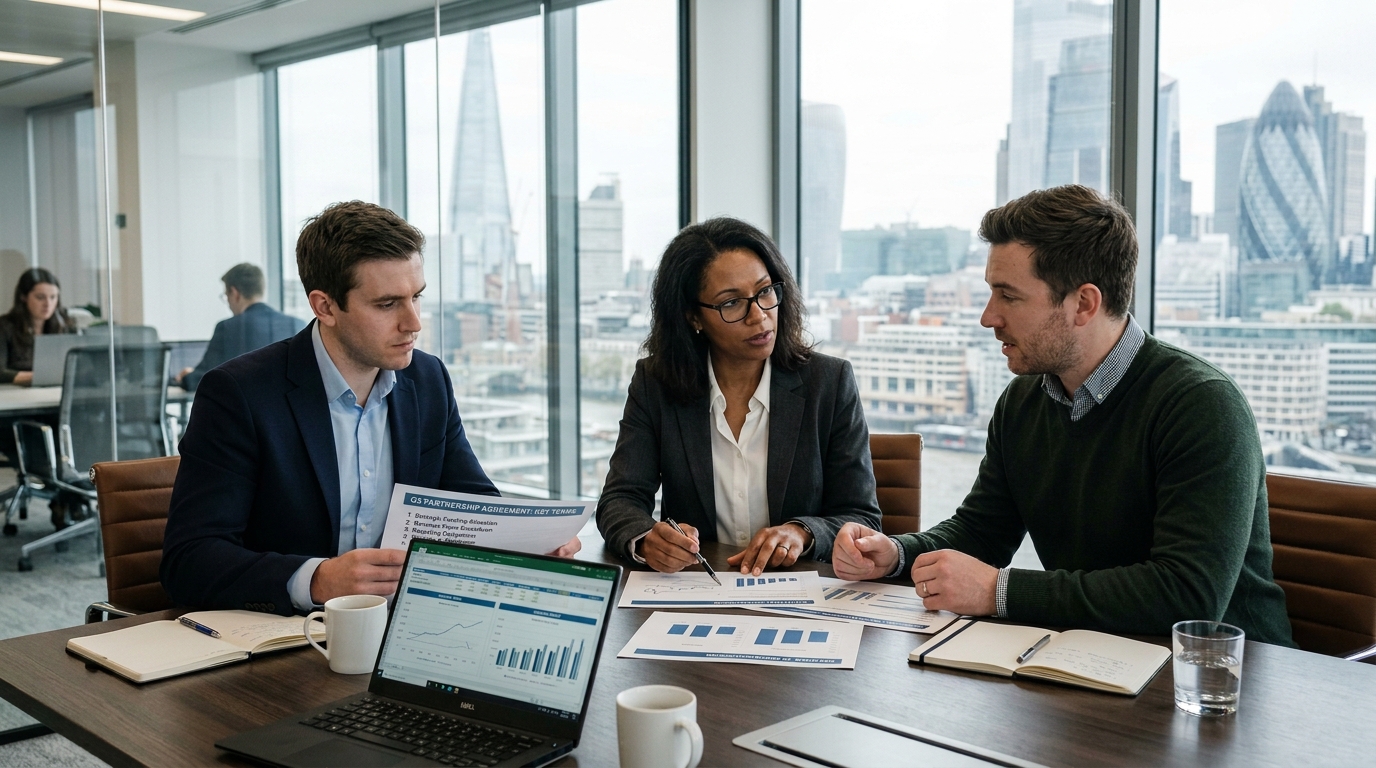 Financial advisors discuss market growth presentation with charts.